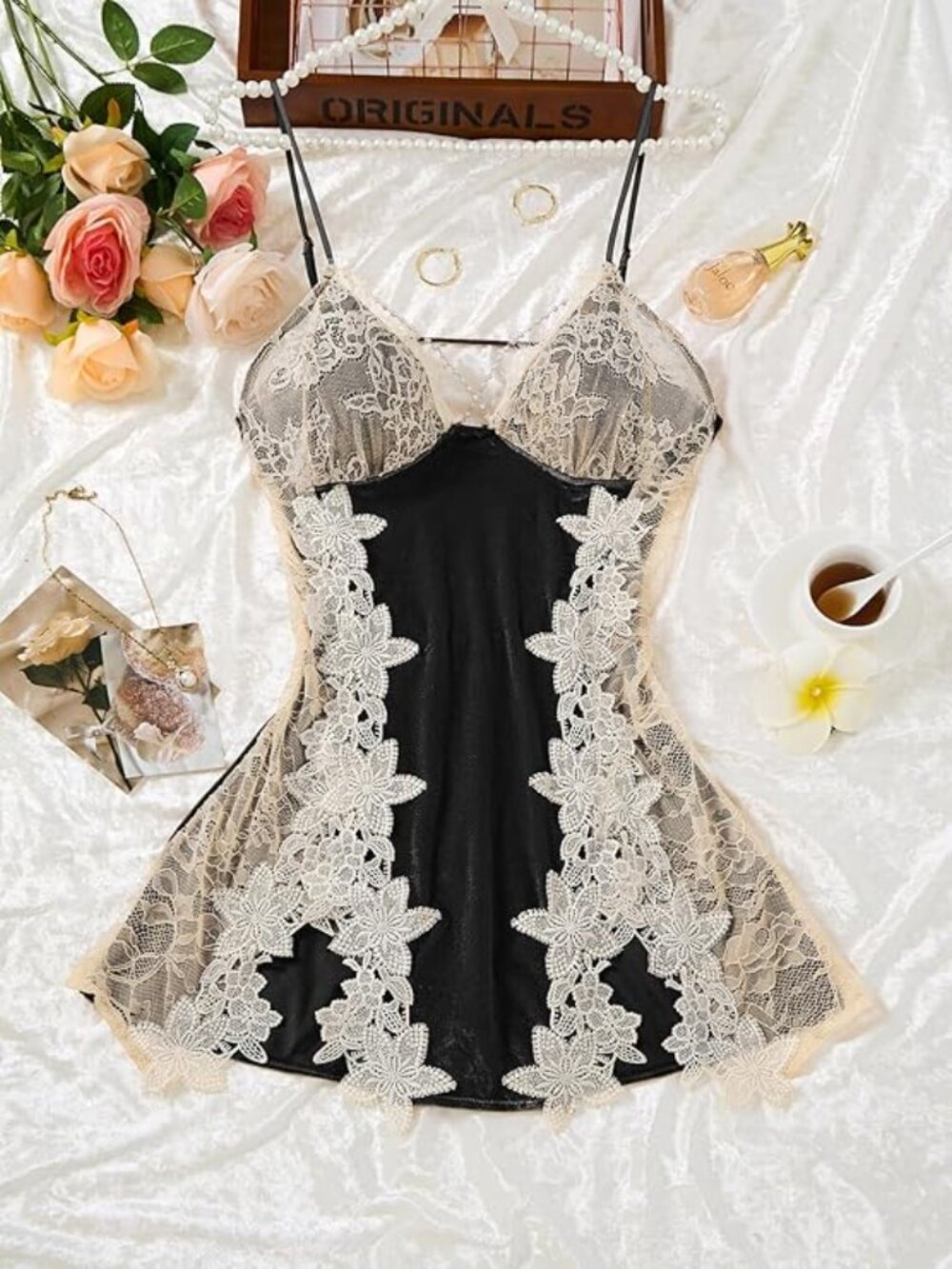 Sexy Pearls Split‎ Padded Velvet Appliques Lace Floral Sheer Mini Lingerie Dress - Picture 2 of 2